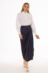 Navy Draped Wrap Maxi Skirt