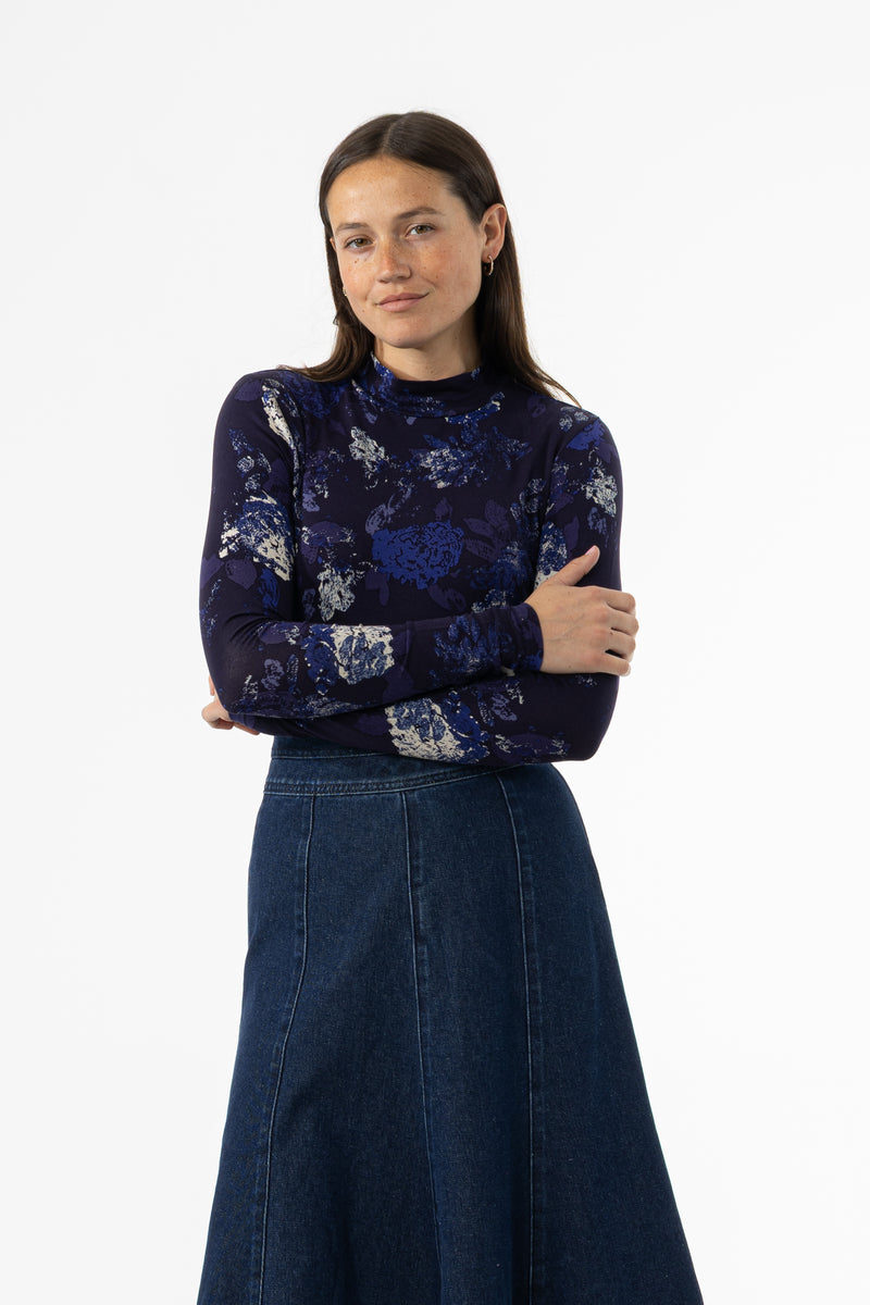 Navy Floral Mock Neck Top