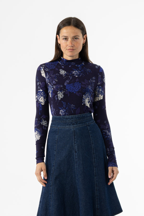 Navy Floral Mock Neck Top