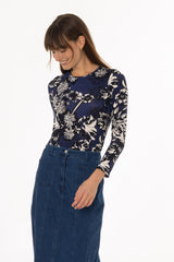 Navy Floral Printed Round Neck T-Shirt