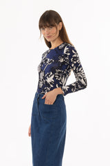 Navy Floral Printed Round Neck T-Shirt