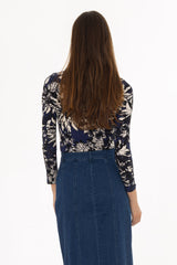 Navy Floral Printed Round Neck T-Shirt