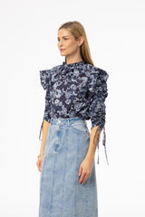 Navy Floral Ruffle Blouse