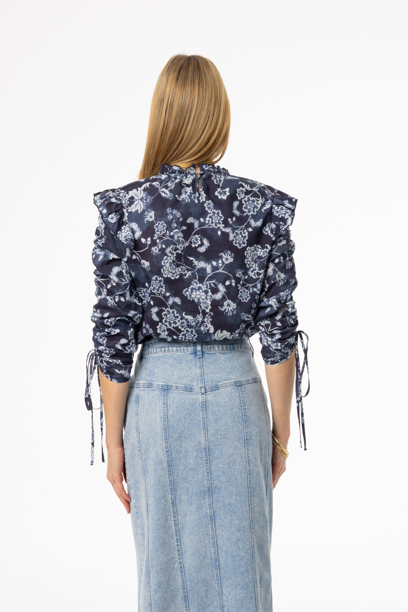 Navy Floral Ruffle Blouse