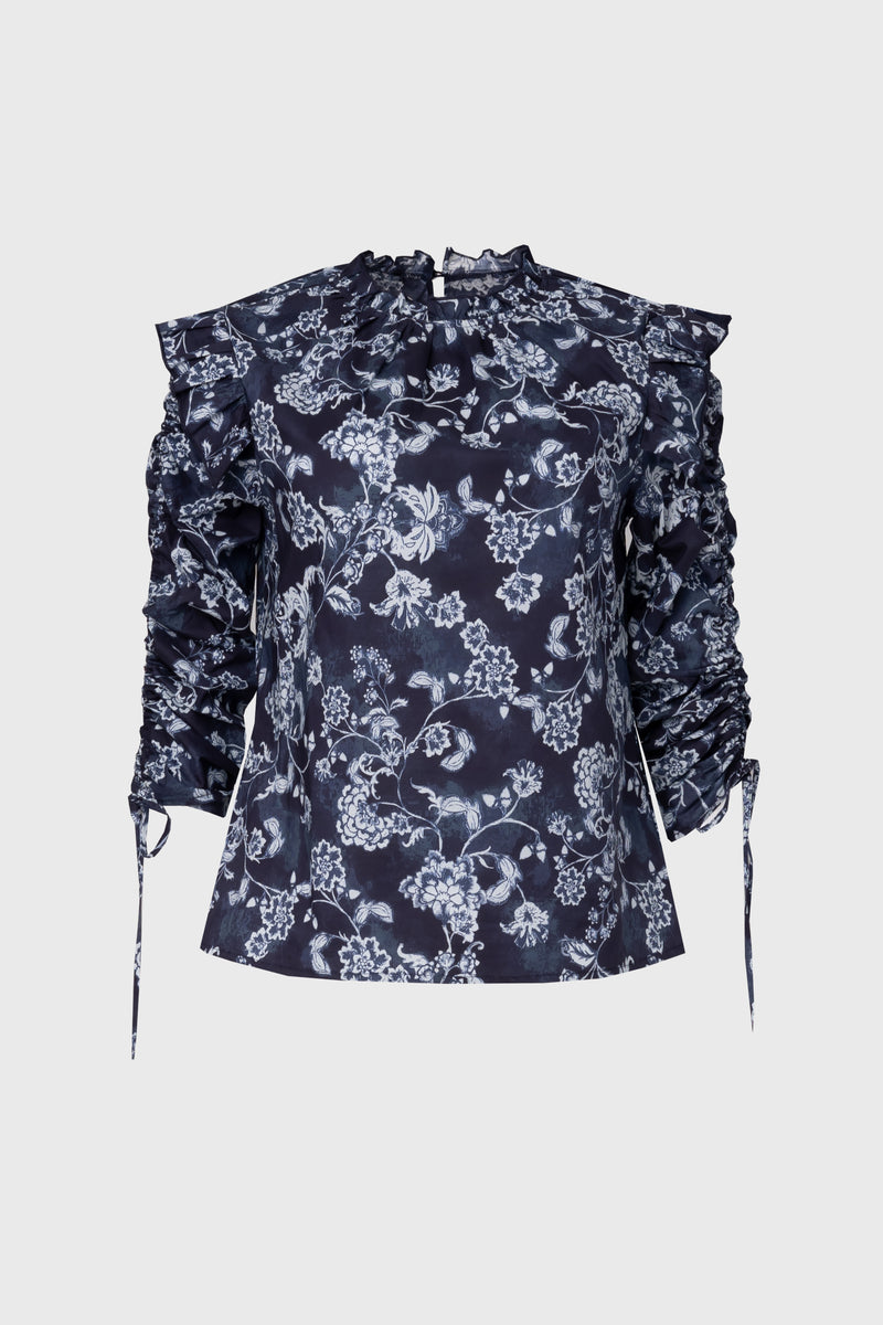 Navy Floral Ruffle Blouse