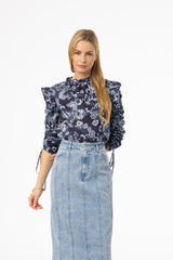 Navy Floral Ruffle Blouse