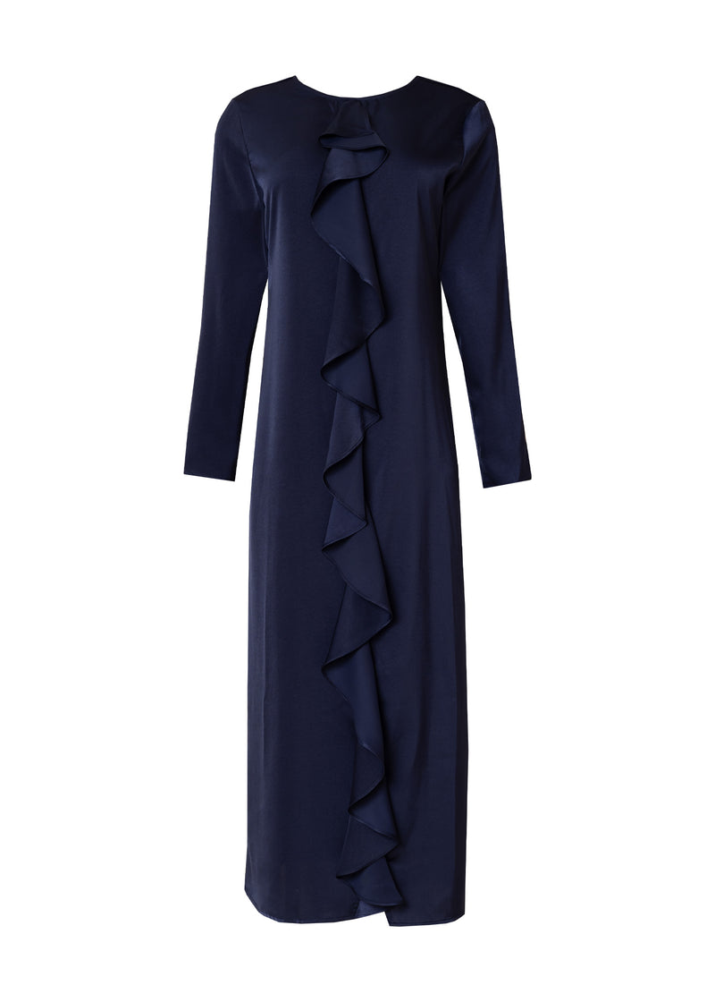 Navy Front Ruffle Silk Maxi