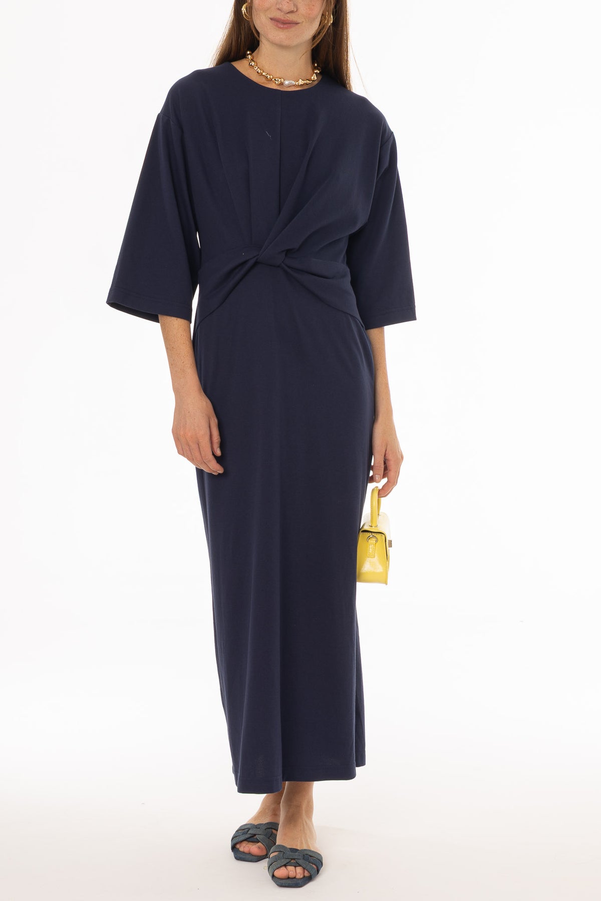 maxi dress knotted at bottom Navy Front Tie Knot Maxi Dress – BLANK