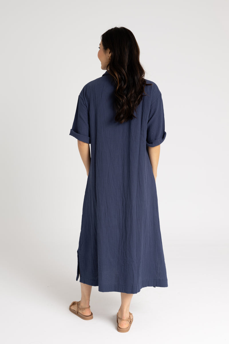 Navy Gauze Button Down Maxi