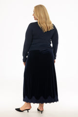 Navy Lace Trim Velvet Maxi Skirt