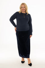 Navy Lace Trim Velvet Maxi Skirt
