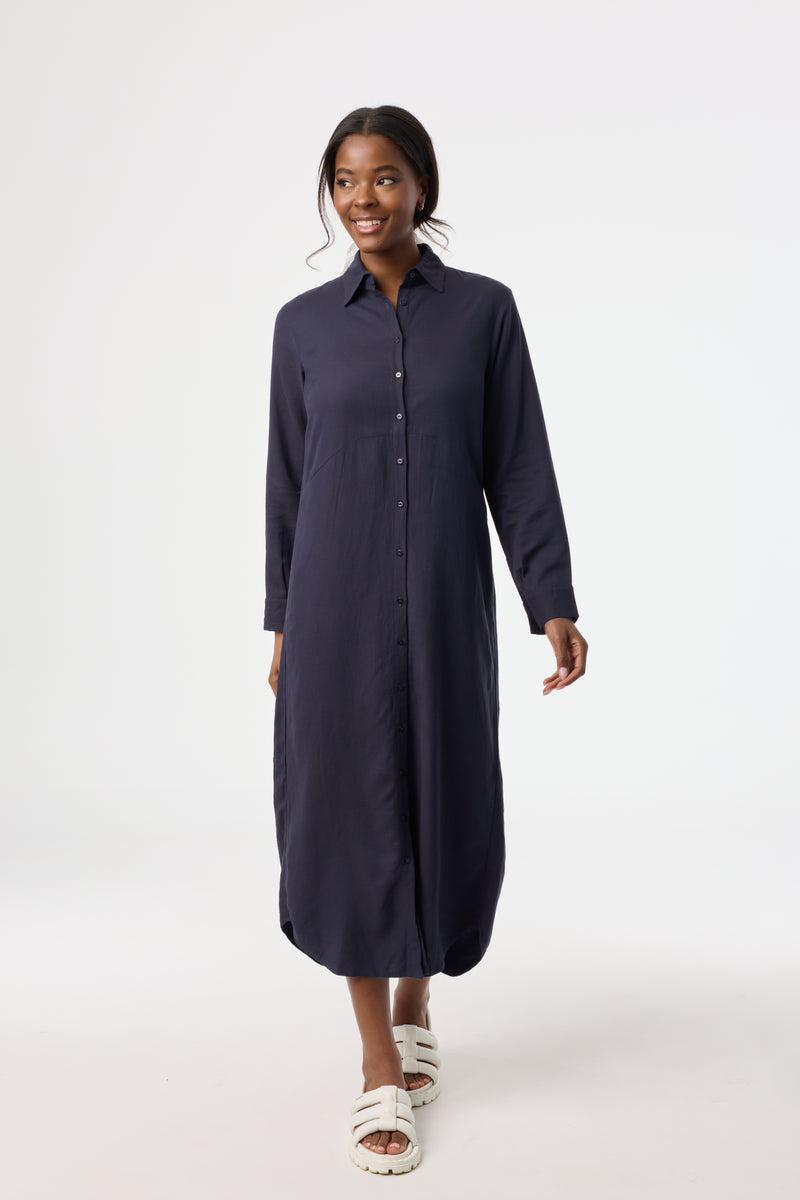 Navy Linen Maxi Shirt Dress