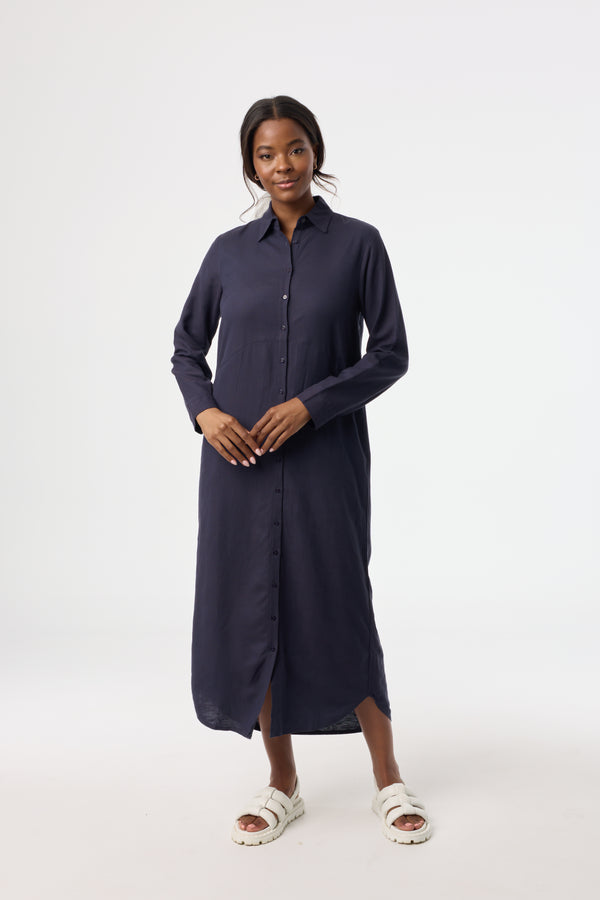 Navy Linen Maxi Shirt Dress