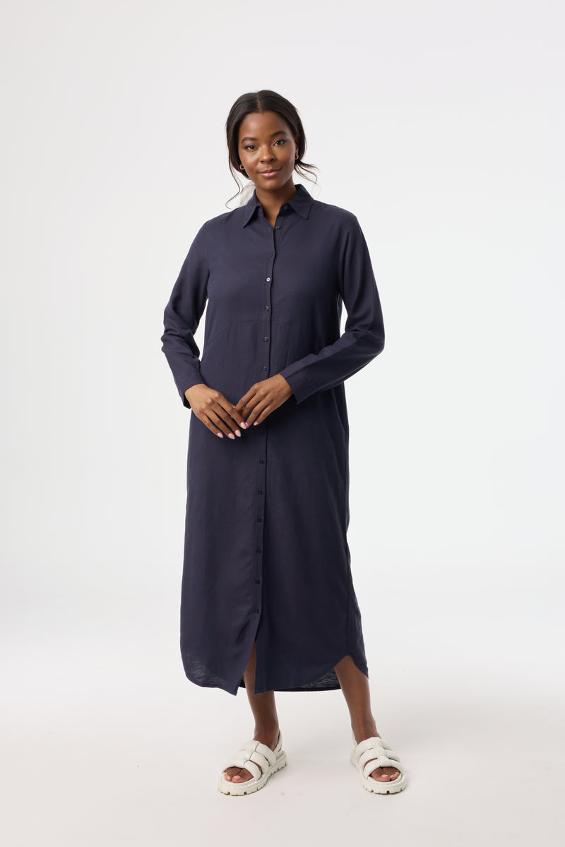 Navy Linen Maxi Shirt Dress