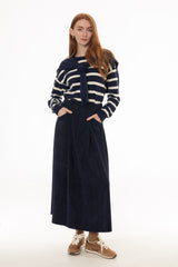 Navy Microsuede Flared Maxi Skirt