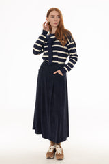 Navy Microsuede Flared Maxi Skirt