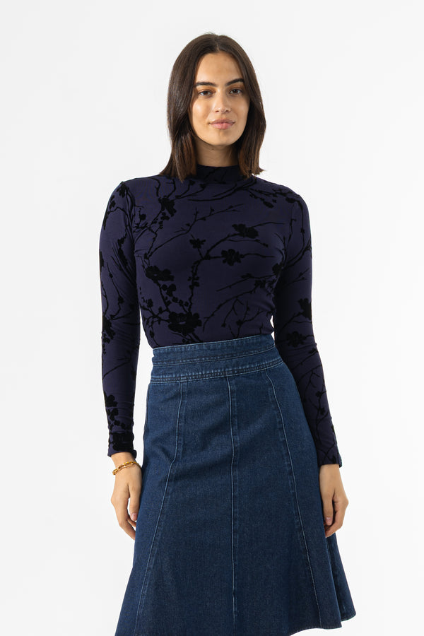 Navy Velvet Detail Mock Neck Top
