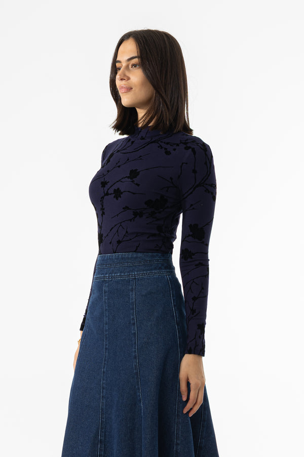 Navy Velvet Detail Mock Neck Top