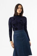 Navy Velvet Detail Mock Neck Top