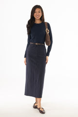 Navy Pinstripe Stretch Maxi Skirt