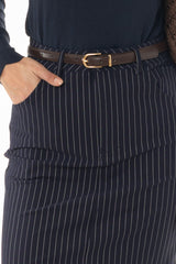Navy Pinstripe Stretch Maxi Skirt