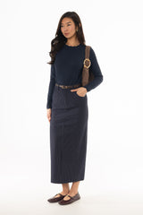 Navy Pinstripe Stretch Maxi Skirt