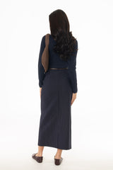 Navy Pinstripe Stretch Maxi Skirt