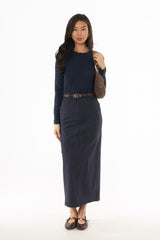 Navy Pinstripe Stretch Maxi Skirt