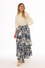 Navy Printed Tiered Maxi Skirt