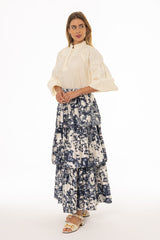 Navy Printed Tiered Maxi Skirt