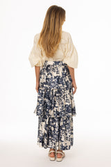 Navy Printed Tiered Maxi Skirt