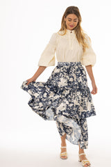 Navy Printed Tiered Maxi Skirt