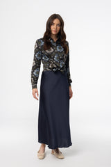 Navy A-Line Satin Effect Maxi Skirt