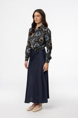 Navy A-Line Satin Effect Maxi Skirt