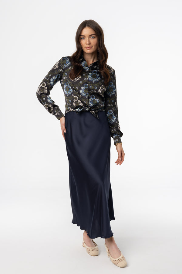 Navy A-Line Satin Effect Maxi Skirt