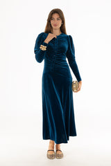 Navy Side Button Velvet Maxi Dress