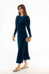 Navy Side Button Velvet Maxi Dress