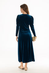Navy Side Button Velvet Maxi Dress