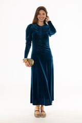 Navy Side Button Velvet Maxi Dress