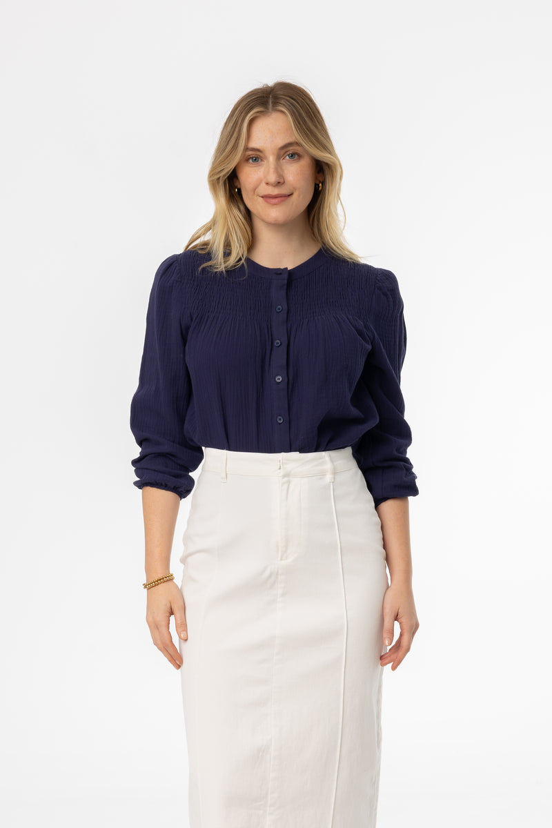 Navy Smocked Gauze Blouse