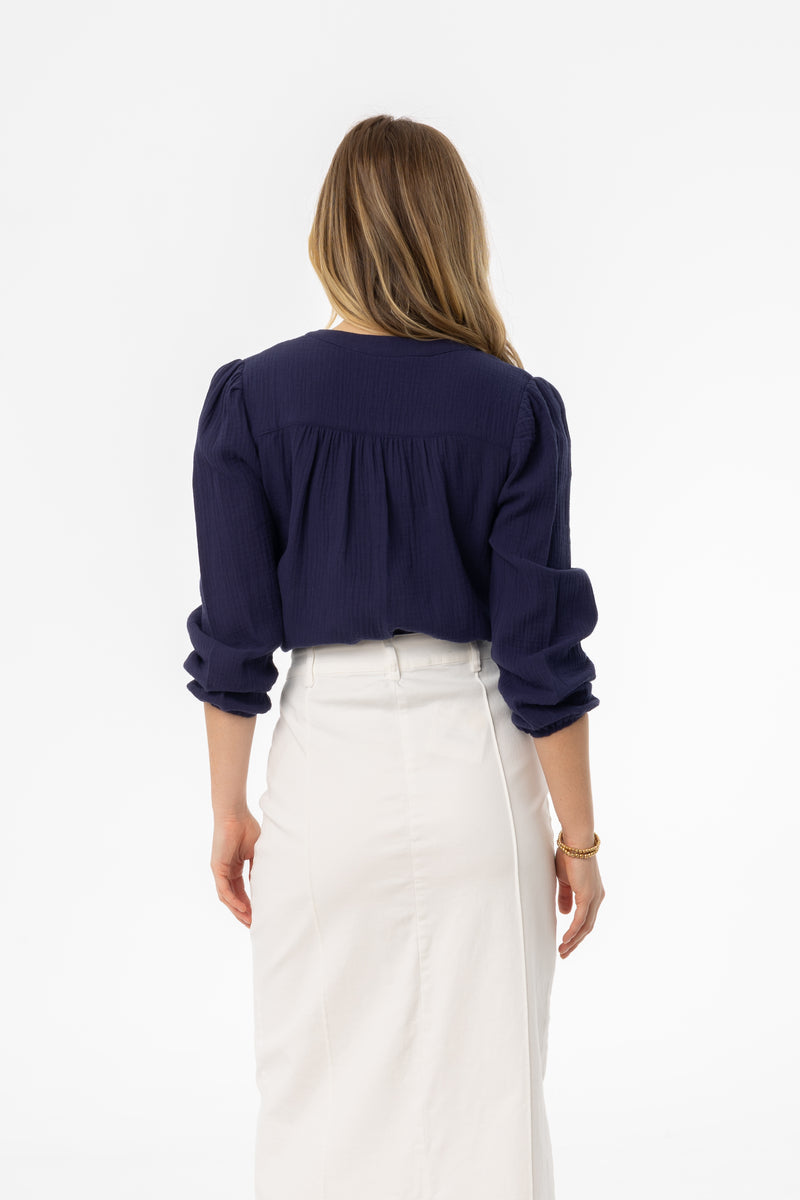 Navy Smocked Gauze Blouse