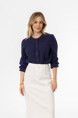 Navy Smocked Gauze Blouse