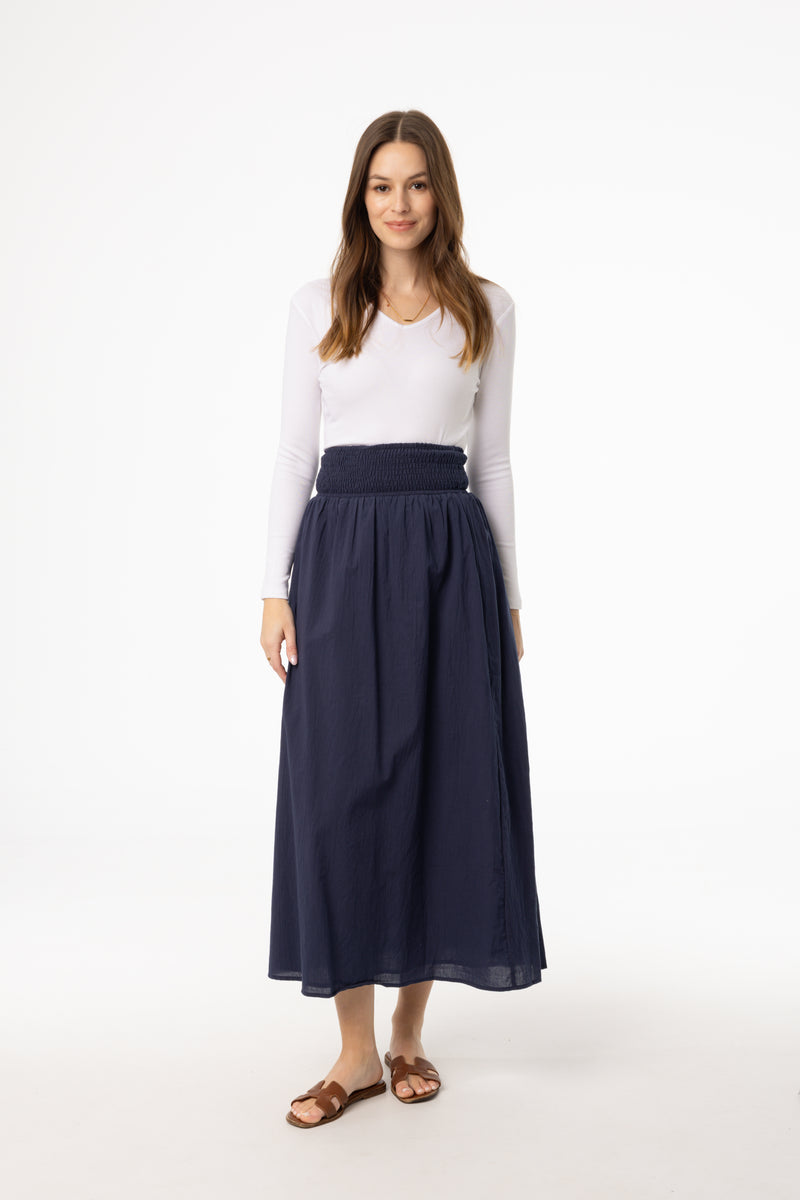 Navy Smocked Maxi Skirt