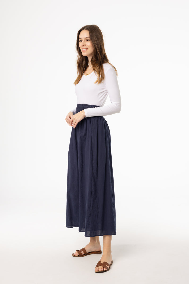 Navy Smocked Maxi Skirt