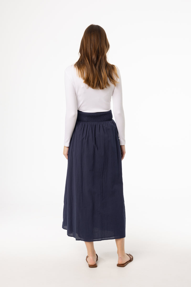 Navy Smocked Maxi Skirt