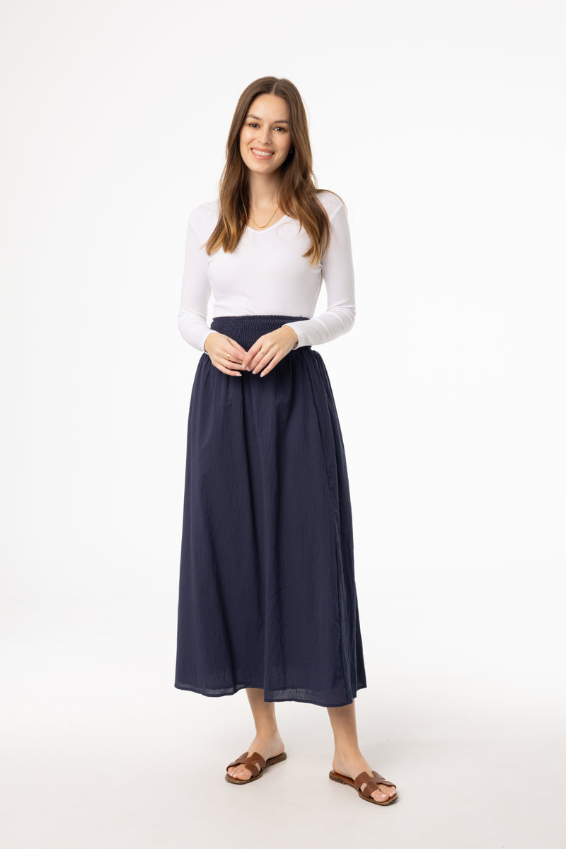 Navy Smocked Maxi Skirt