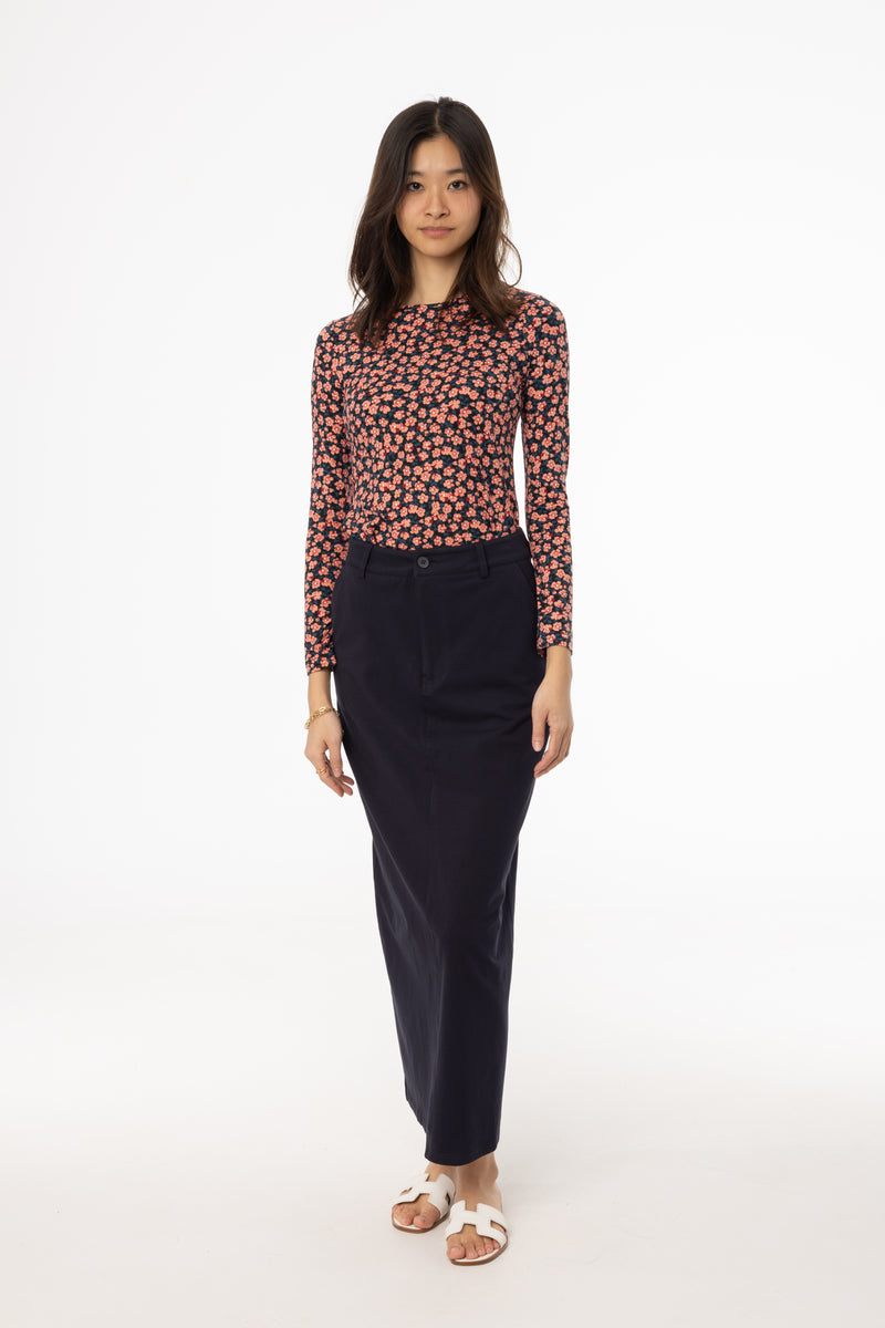 Navy Stretch Cotton Maxi Skirt