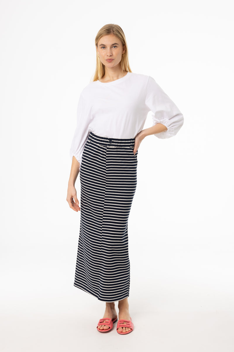 Navy Striped Stretch Maxi Skirt