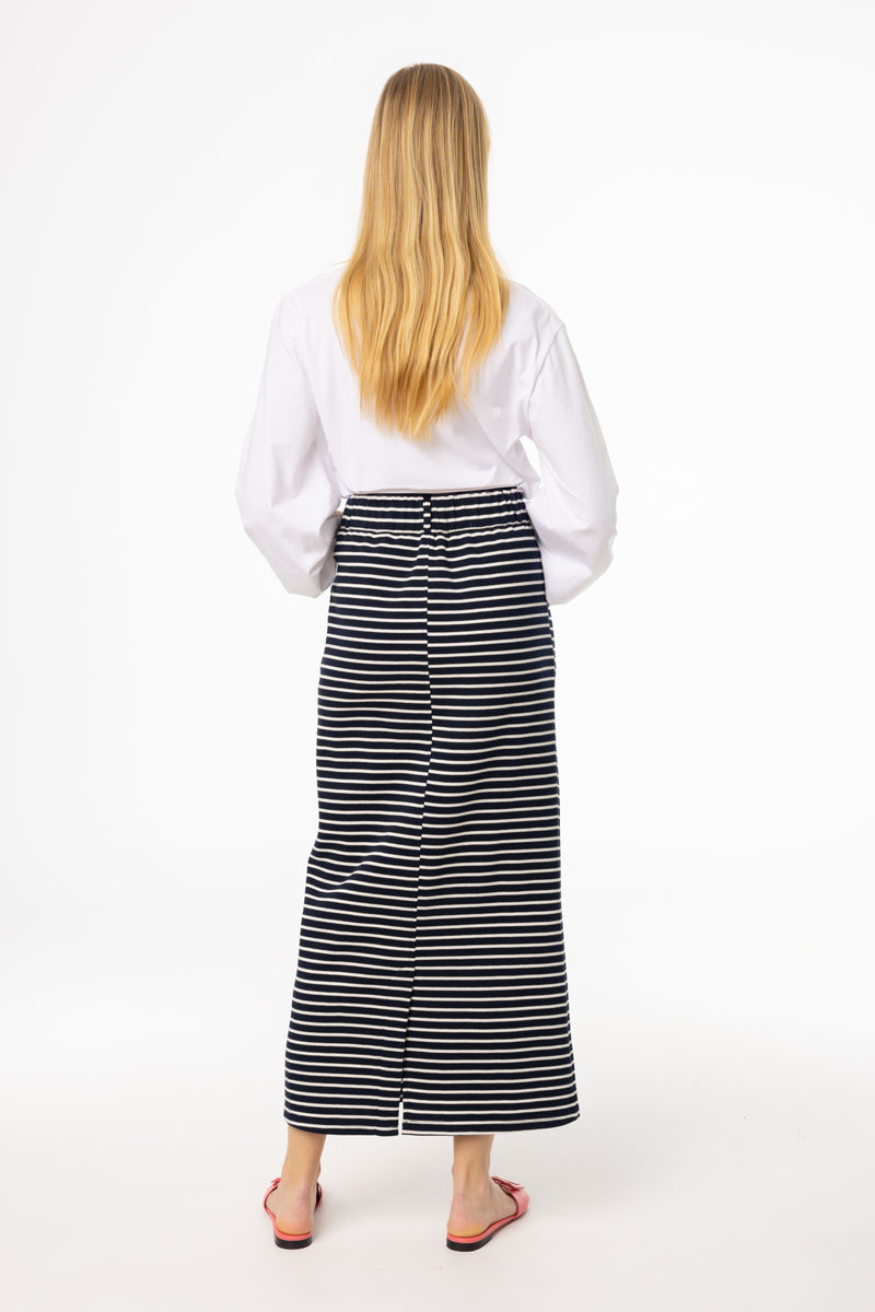 Navy Striped Stretch Maxi Skirt