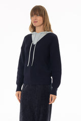 Navy Two Tone Knit Hoodie